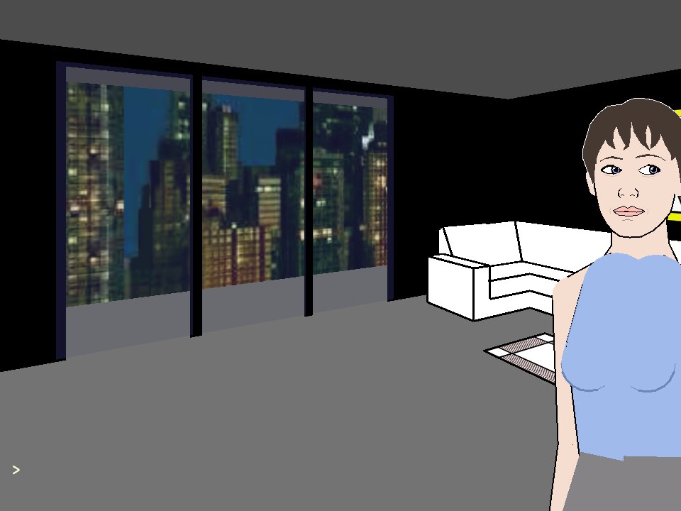 Grace in the apartment, the city at night behind her