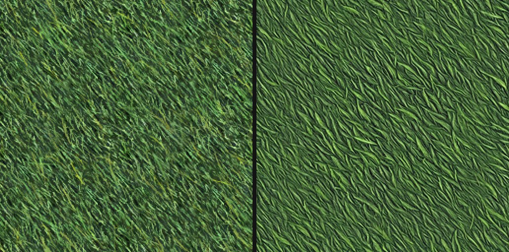 A grass texture before and after upscaling